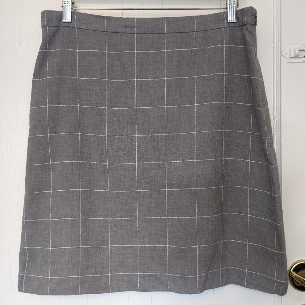 Ann Tylor Gray Windowpane Print Linen Blend Pencil Skirt, Size 12